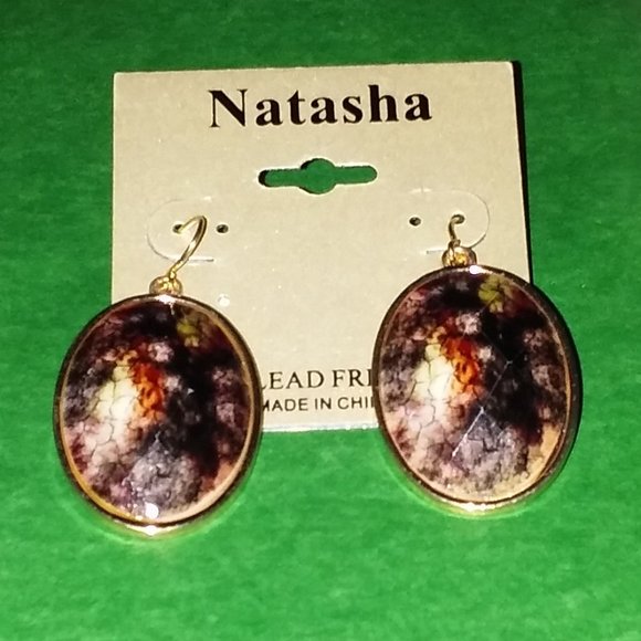 NATASHA OVAL BROWN/AMBER/GRAY STONE GOLD DANGLE EARRINGS**NEW! - Picture 2 of 3